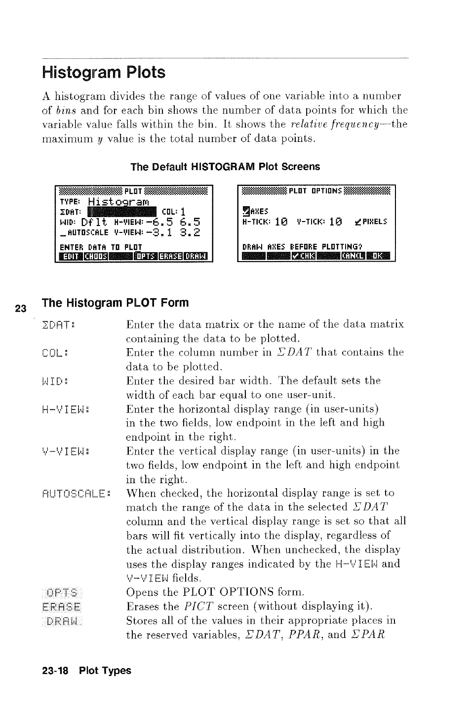 Histogram plots, The histogram plot form, Histogram plots -18 | Cols | HP 48g Graphing Calculator User Manual | Page 318 / 612