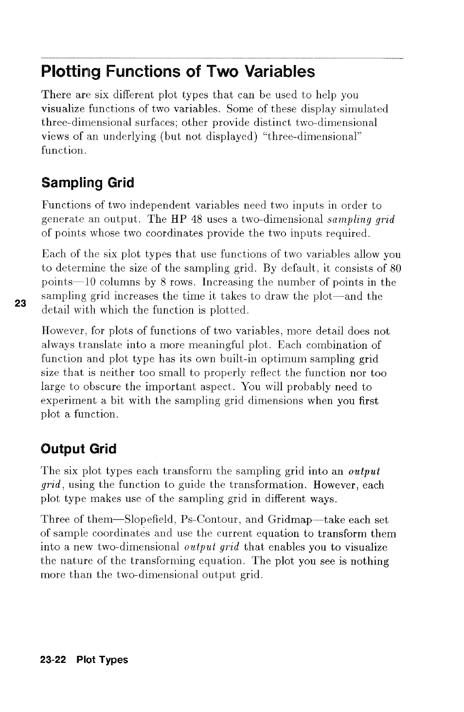 Plotting functions of two variables, Sampling grid, Output grid | Plotting functions of two variables -22, Sampling grid -22, Output grid -22 | HP 48g Graphing Calculator User Manual | Page 322 / 612