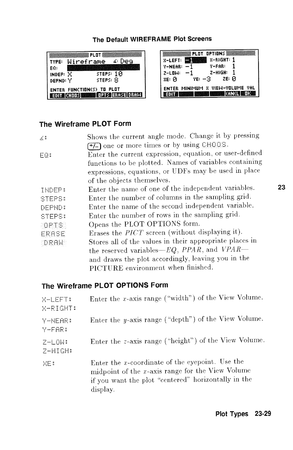 The wireframe plot form, The wireframe plot options form, 5fp|..jr | Z-high | HP 48g Graphing Calculator User Manual | Page 329 / 612