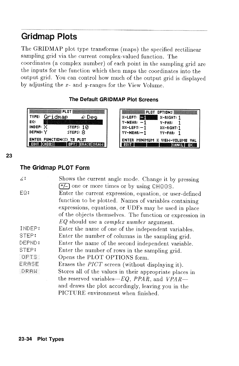 Gridmap plots, The gridmap plot form, Gridmap plots -34 | Eo: immlmibililiilli | HP 48g Graphing Calculator User Manual | Page 334 / 612