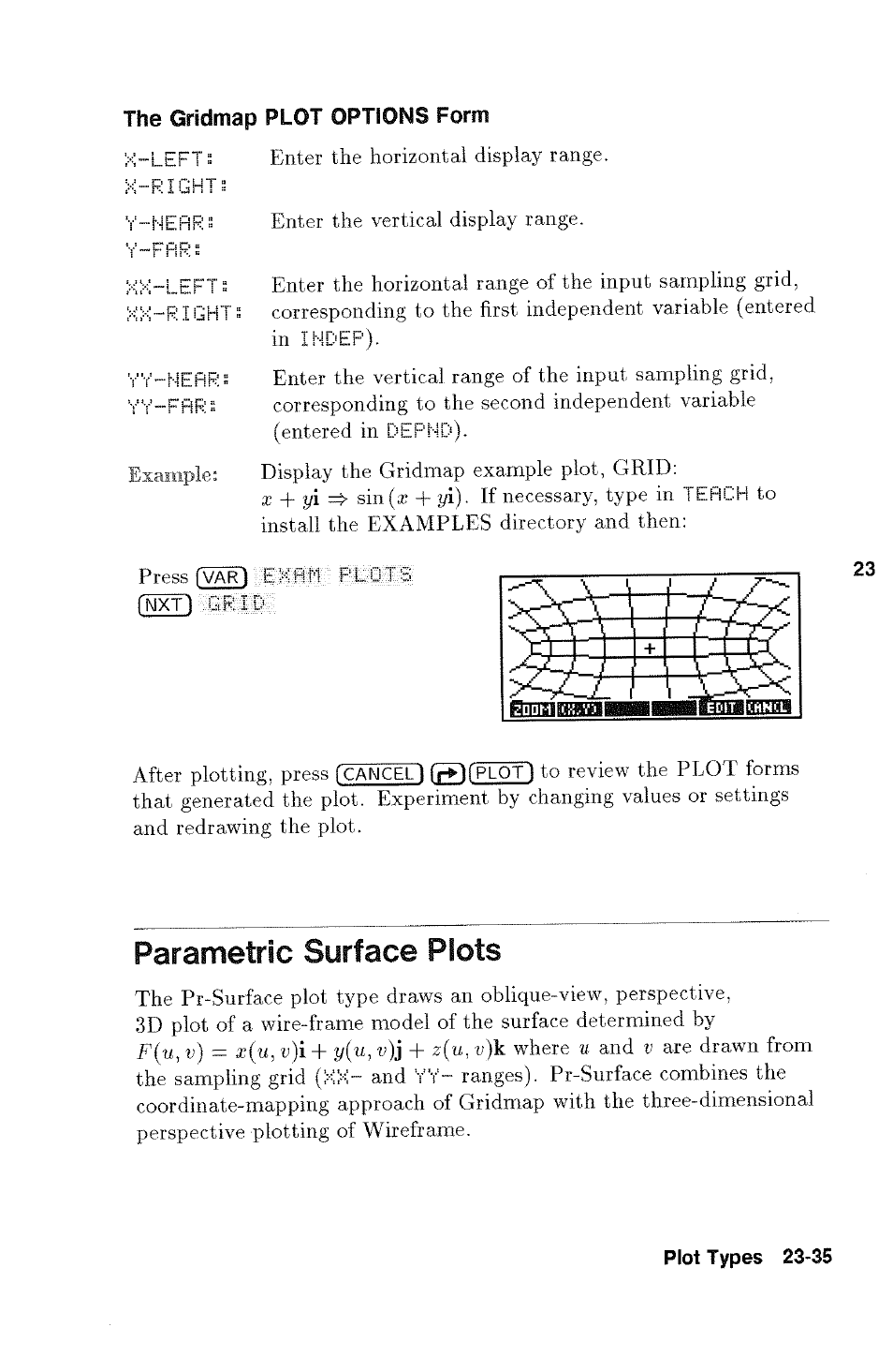 Parametric surface plots, Parametric surface plots -35 | HP 48g Graphing Calculator User Manual | Page 335 / 612