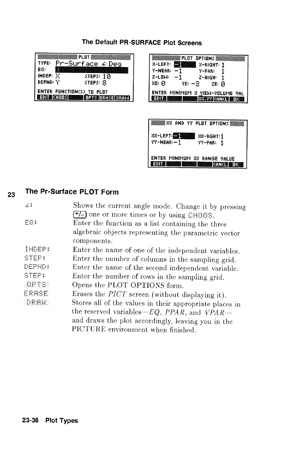 The default pr-surface plot screens, Eq^ lutl, The pr-surface plot form | HP 48g Graphing Calculator User Manual | Page 336 / 612