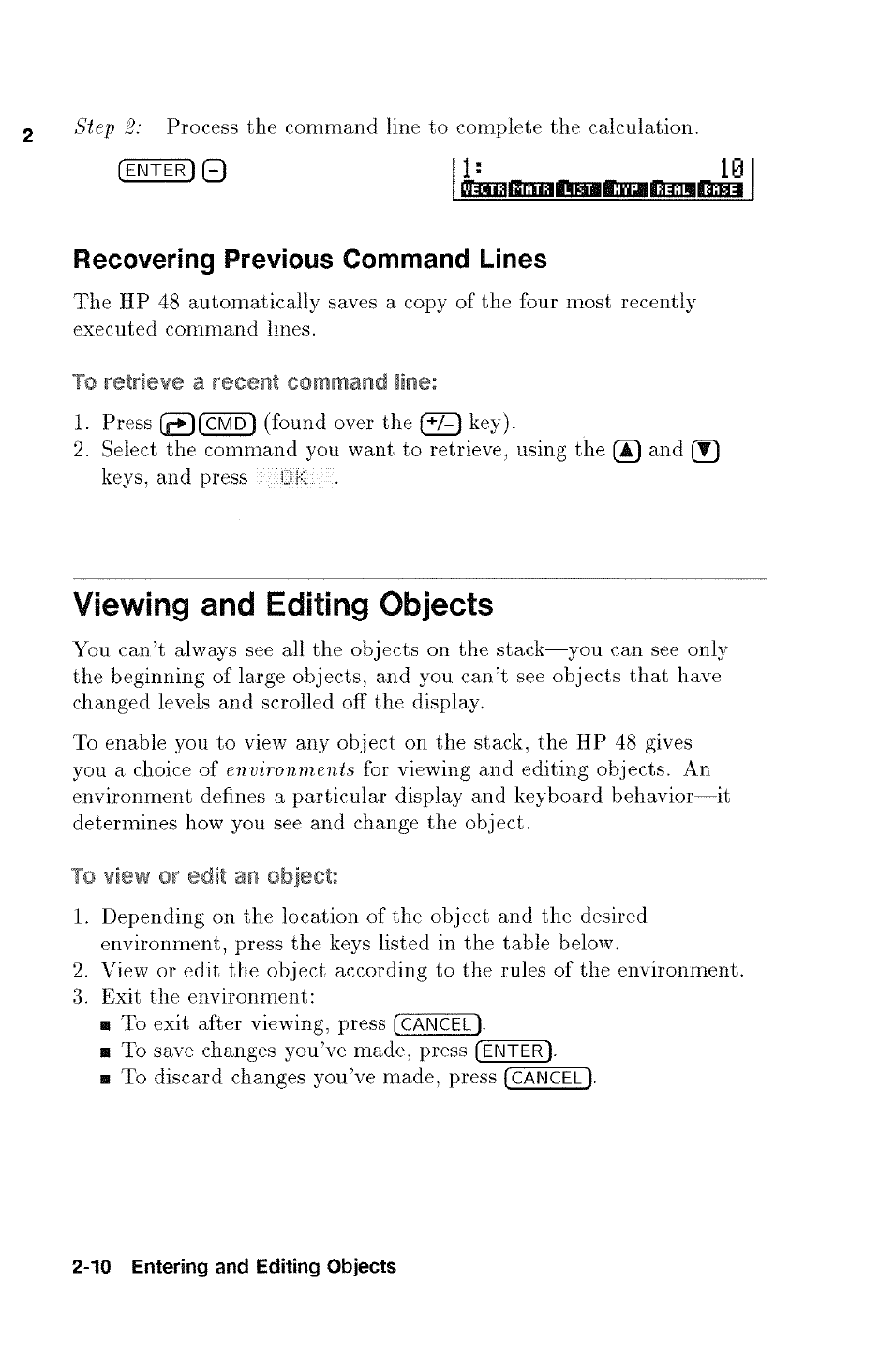 10 wamismambniiin3iff!>3toia?h3i, To retrieve a recent command line, Viewing and editing objects | Viewing and editing objects -10, Recovering previous command lines | HP 48g Graphing Calculator User Manual | Page 34 / 612