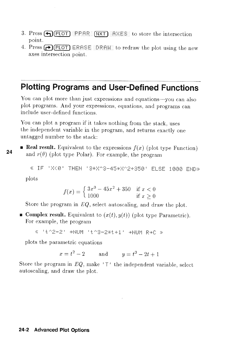 Plotting programs and user-defined functions, Plotting programs, User-defined functions | HP 48g Graphing Calculator User Manual | Page 340 / 612