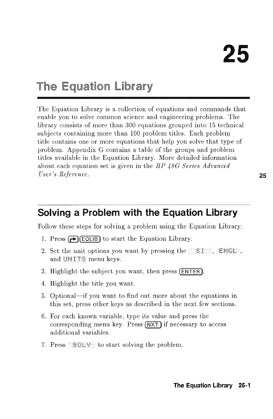 Solving a problem with the equation library, Solving a problem with the equation library -1, I5li(? i&cgpali'ihii library | HP 48g Graphing Calculator User Manual | Page 347 / 612