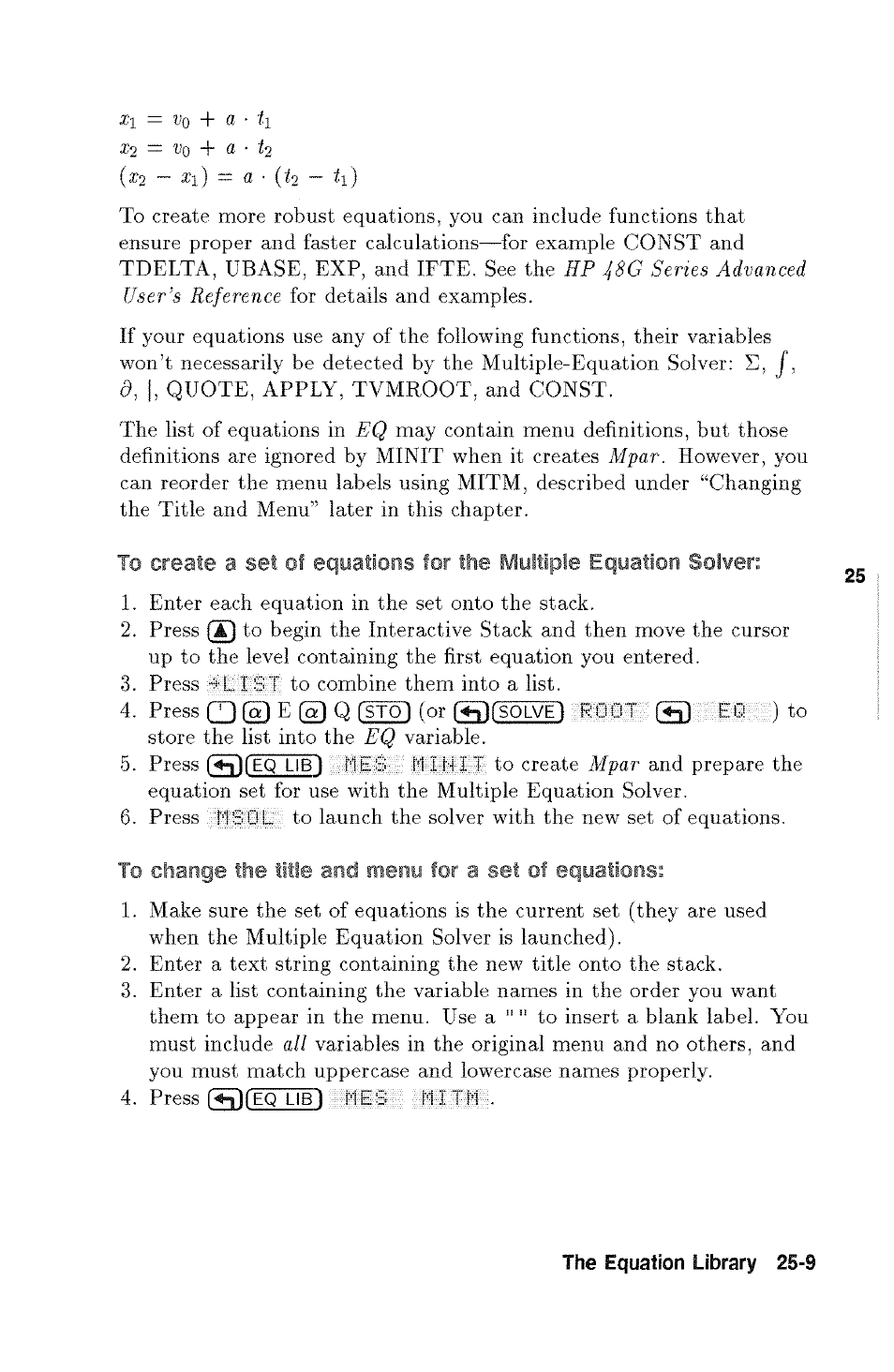 To change the iide and menu for a set of equations, Menu for a, Equations | HP 48g Graphing Calculator User Manual | Page 355 / 612