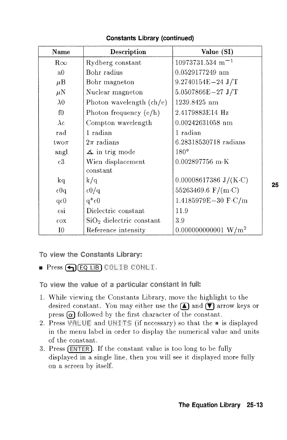 Constants library (continued) | HP 48g Graphing Calculator User Manual | Page 359 / 612