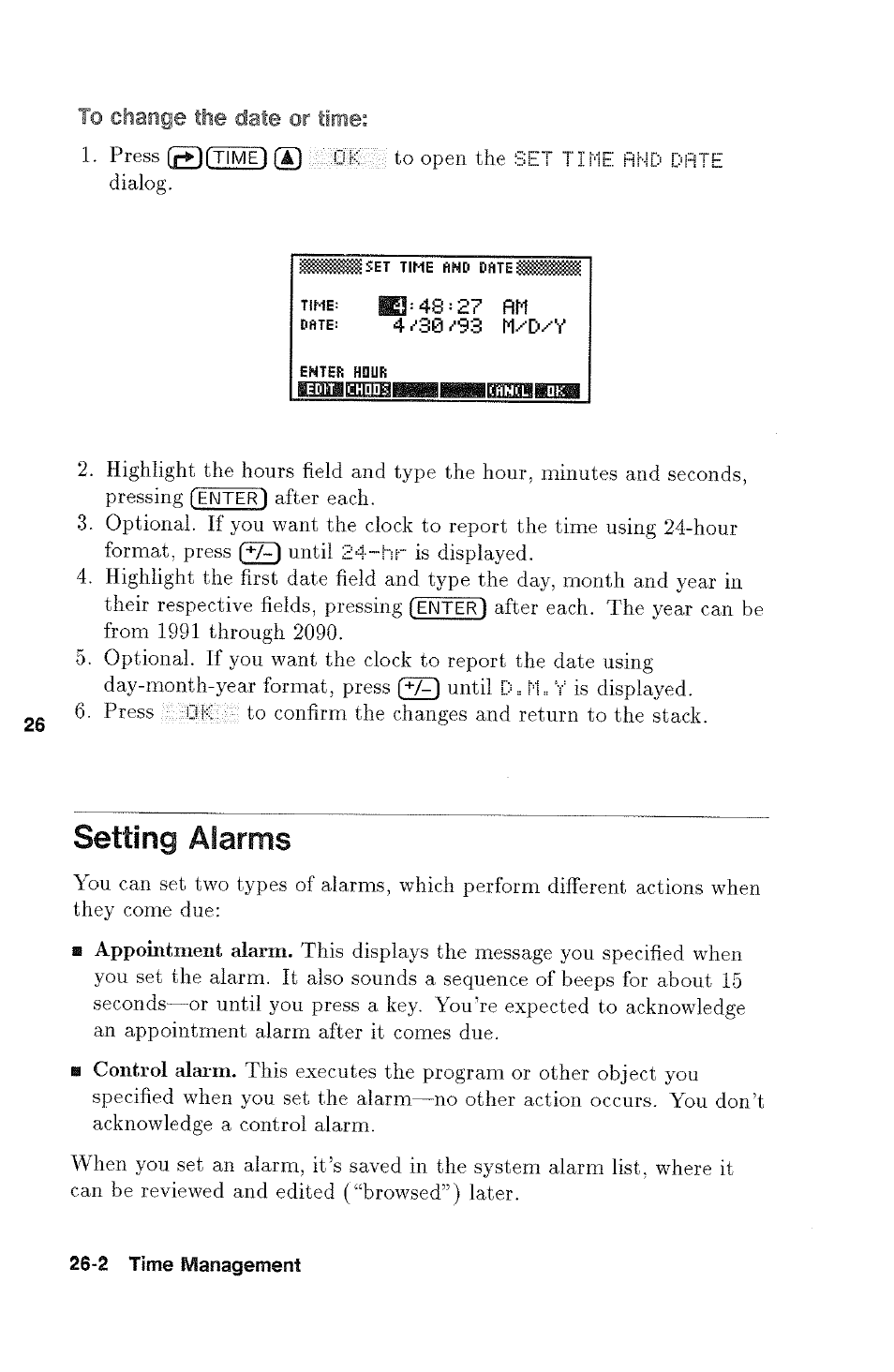To change the date or time, Setting alarms, Setting alarms -2 | HP 48g Graphing Calculator User Manual | Page 364 / 612