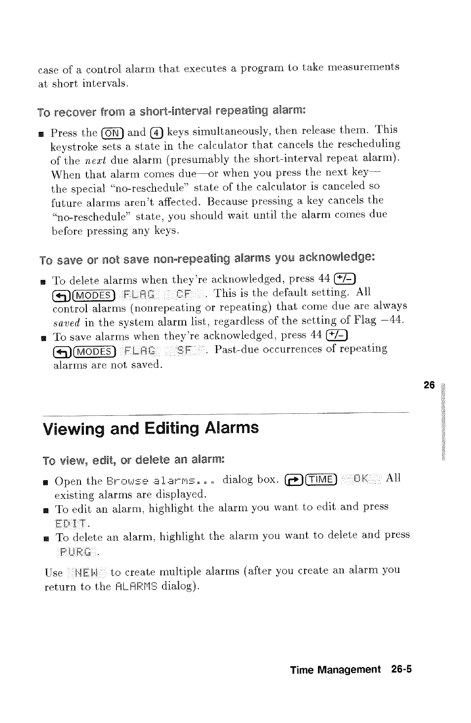 To recover from a short-interval repeating alarm, Viewing and editing alarms, To view, edit, or delete an alarm | Viewing and editing alarms -5, Short-interval repeating alarm, Or delete an alarm | HP 48g Graphing Calculator User Manual | Page 367 / 612