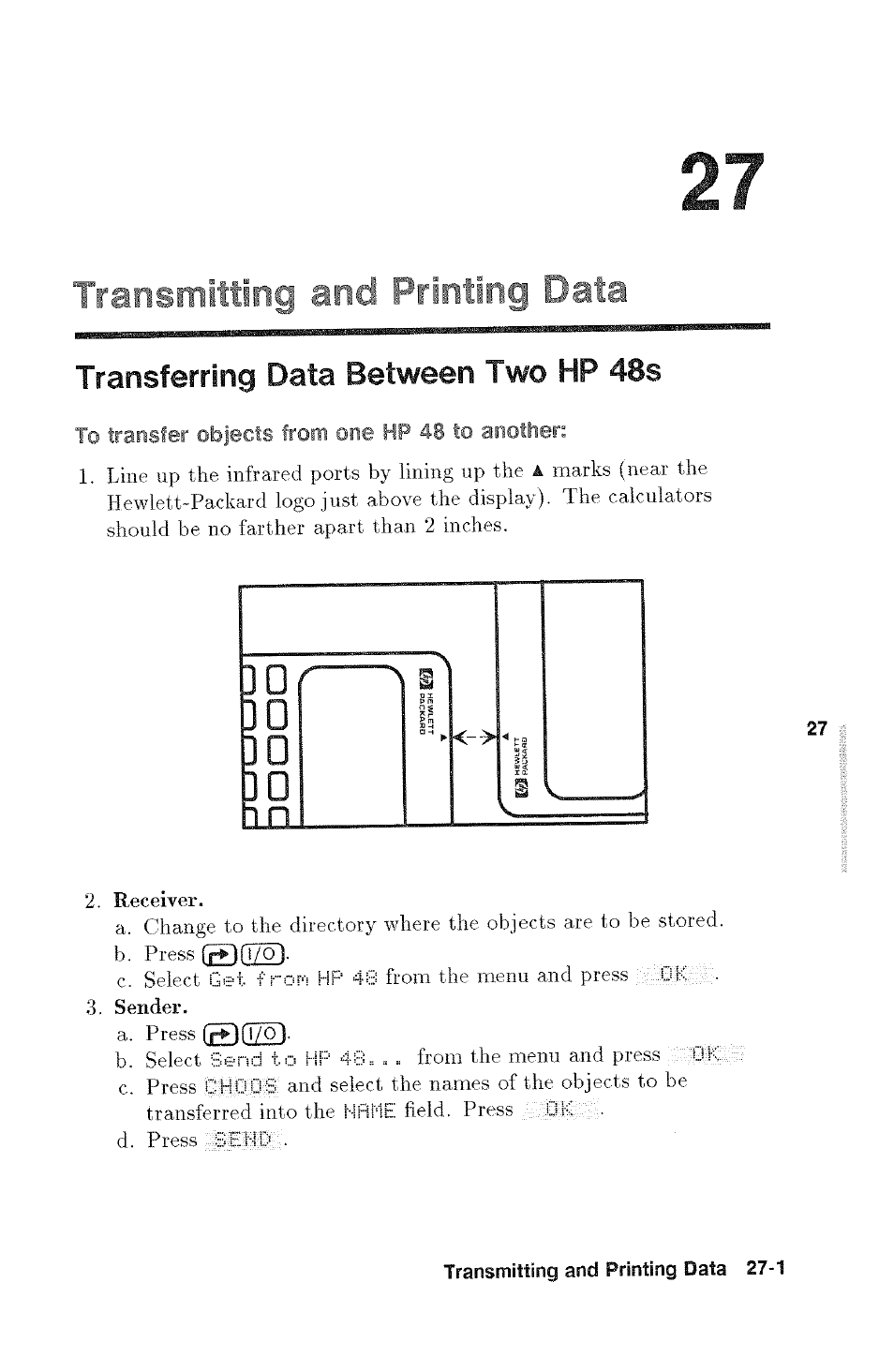 To transfer objects from one hp 48 to another, Sn g nn-d' printing p?ds | HP 48g Graphing Calculator User Manual | Page 369 / 612