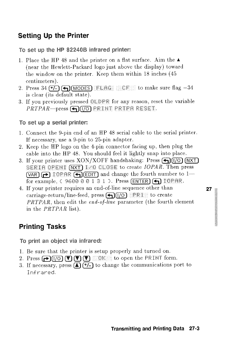 Sqz3 ffl (i) (b, Setting up the printer, Printing tasks | HP 48g Graphing Calculator User Manual | Page 371 / 612