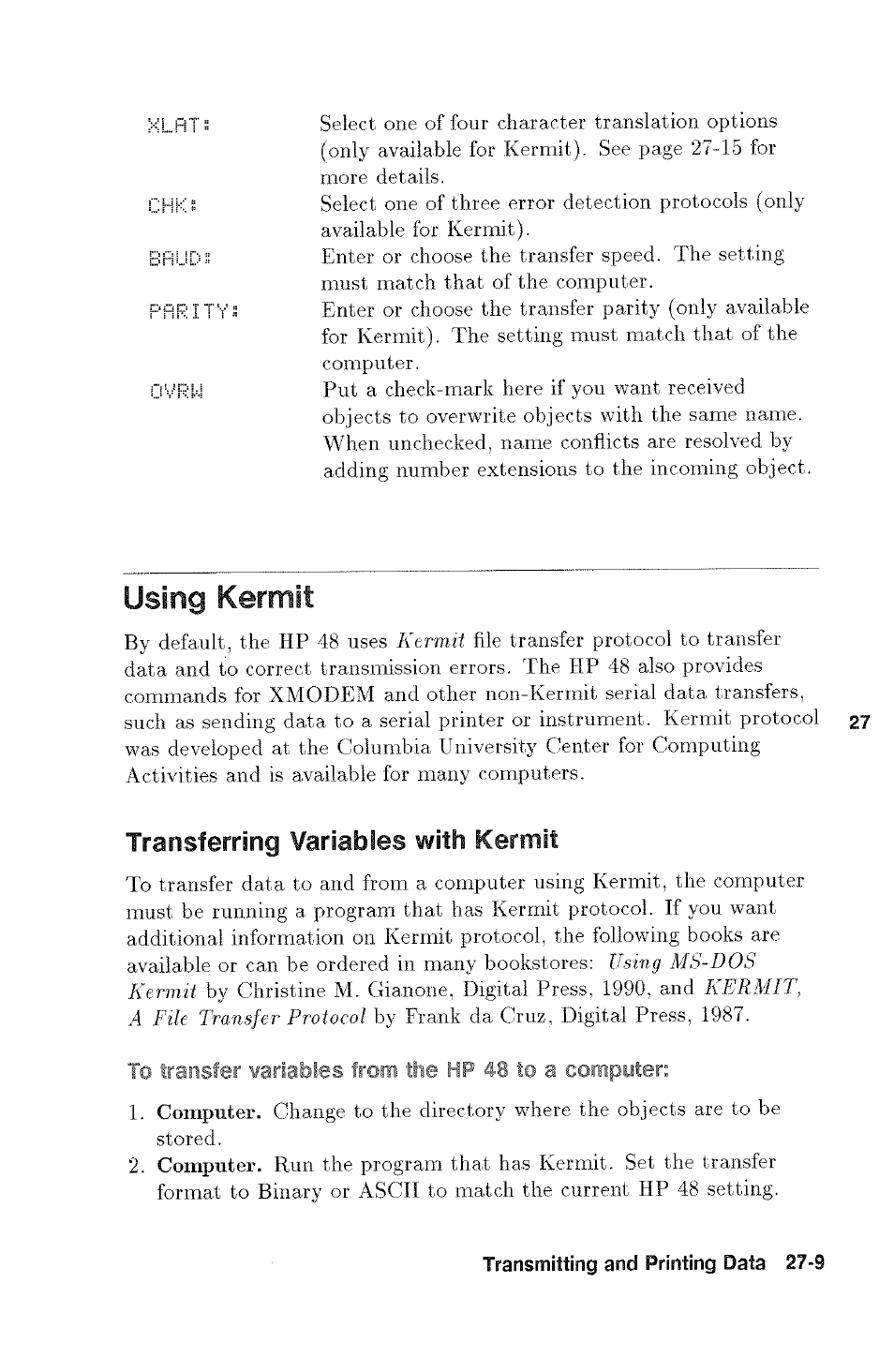 To transfer variables from the hp 48 to a computer, Using kermit, Transferring variables with kermit | HP 48g Graphing Calculator User Manual | Page 377 / 612