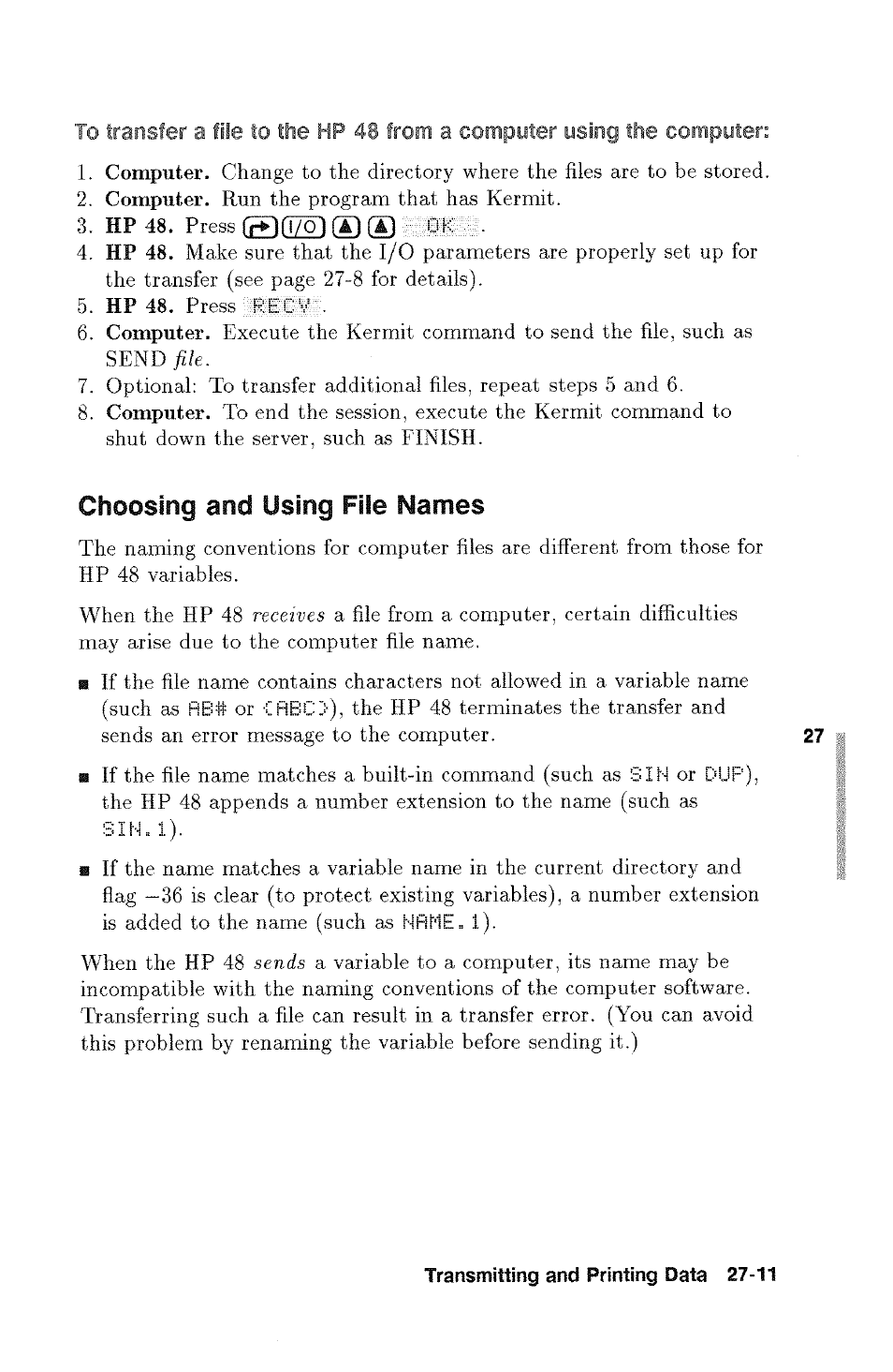 Choosing and using file names | HP 48g Graphing Calculator User Manual | Page 379 / 612
