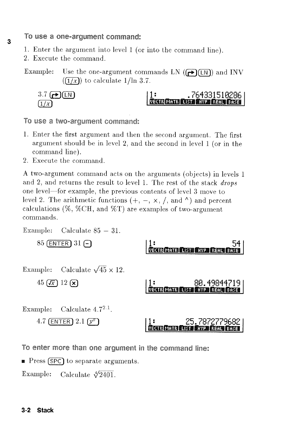 To use a two-argument command, Command, More than one | Line | HP 48g Graphing Calculator User Manual | Page 38 / 612