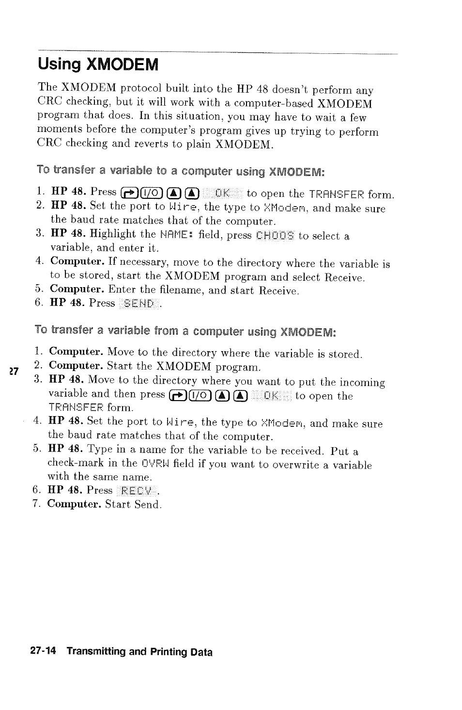 Using xmodem, To transfer a variable a computer using xmodewi, Using xmodem -14 | Computer using | HP 48g Graphing Calculator User Manual | Page 382 / 612