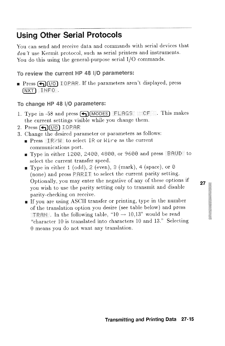Using other serial protocols, To review the current hp 48 i/o parameters, Using other serial protocols -15 | HP 48g Graphing Calculator User Manual | Page 383 / 612