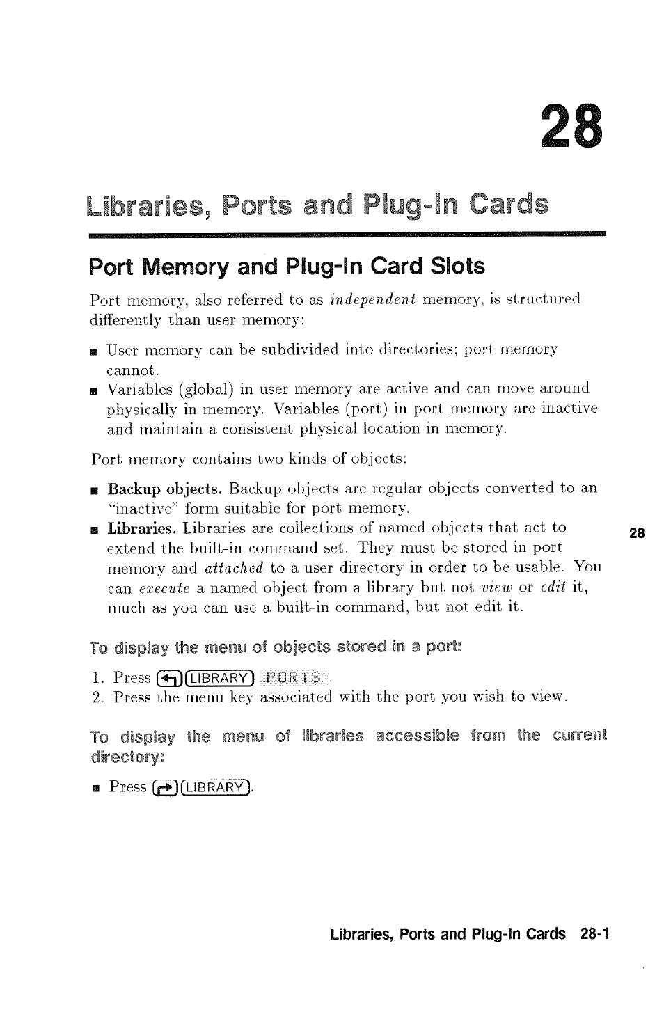 Ports and piiyg-^n cards, Port memory and plug-in card slots, To display the menu of objects stored in a port | Port memory and plug-in card slots -1, An ports and piiyg-^n cards, Port, Accessible, Current directory | HP 48g Graphing Calculator User Manual | Page 389 / 612