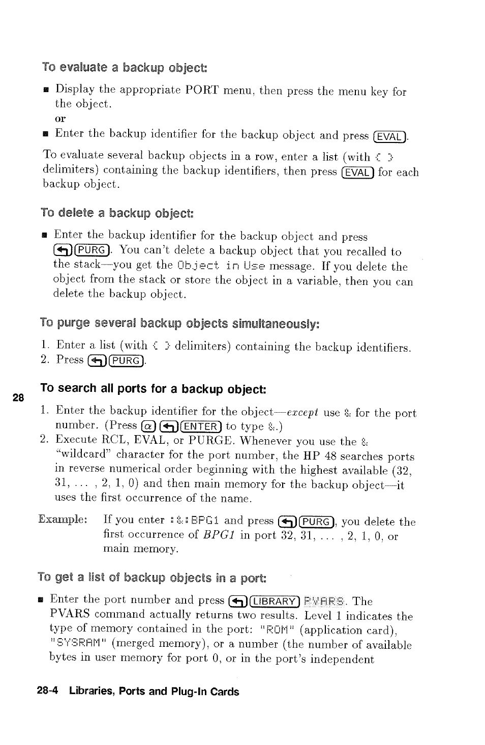 To search ail ports for a backup object | HP 48g Graphing Calculator User Manual | Page 392 / 612