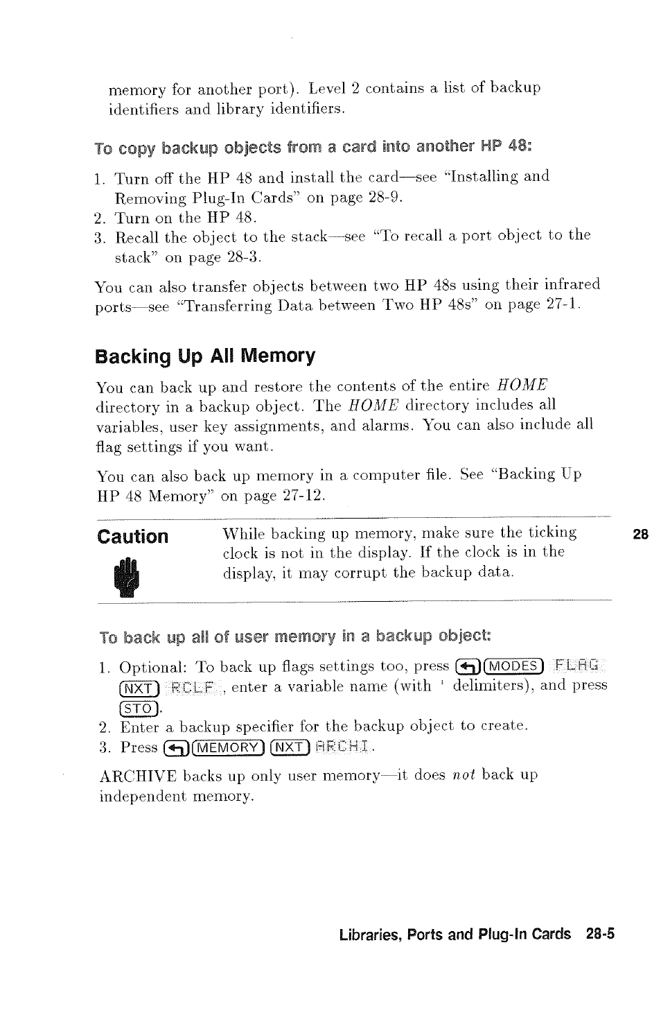 Backing up all memory, Caution, Backing up hp 48 memory -12 | HP 48g Graphing Calculator User Manual | Page 393 / 612