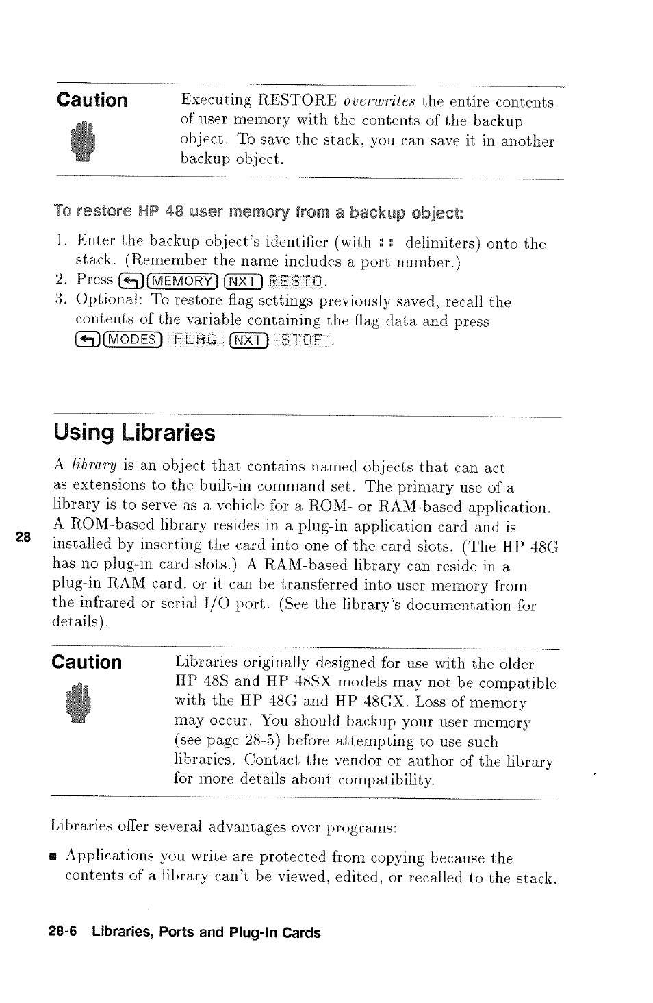 To restore hp 48 user memory from a backup object, Using libraries, Using libraries -6 | Caution | HP 48g Graphing Calculator User Manual | Page 394 / 612