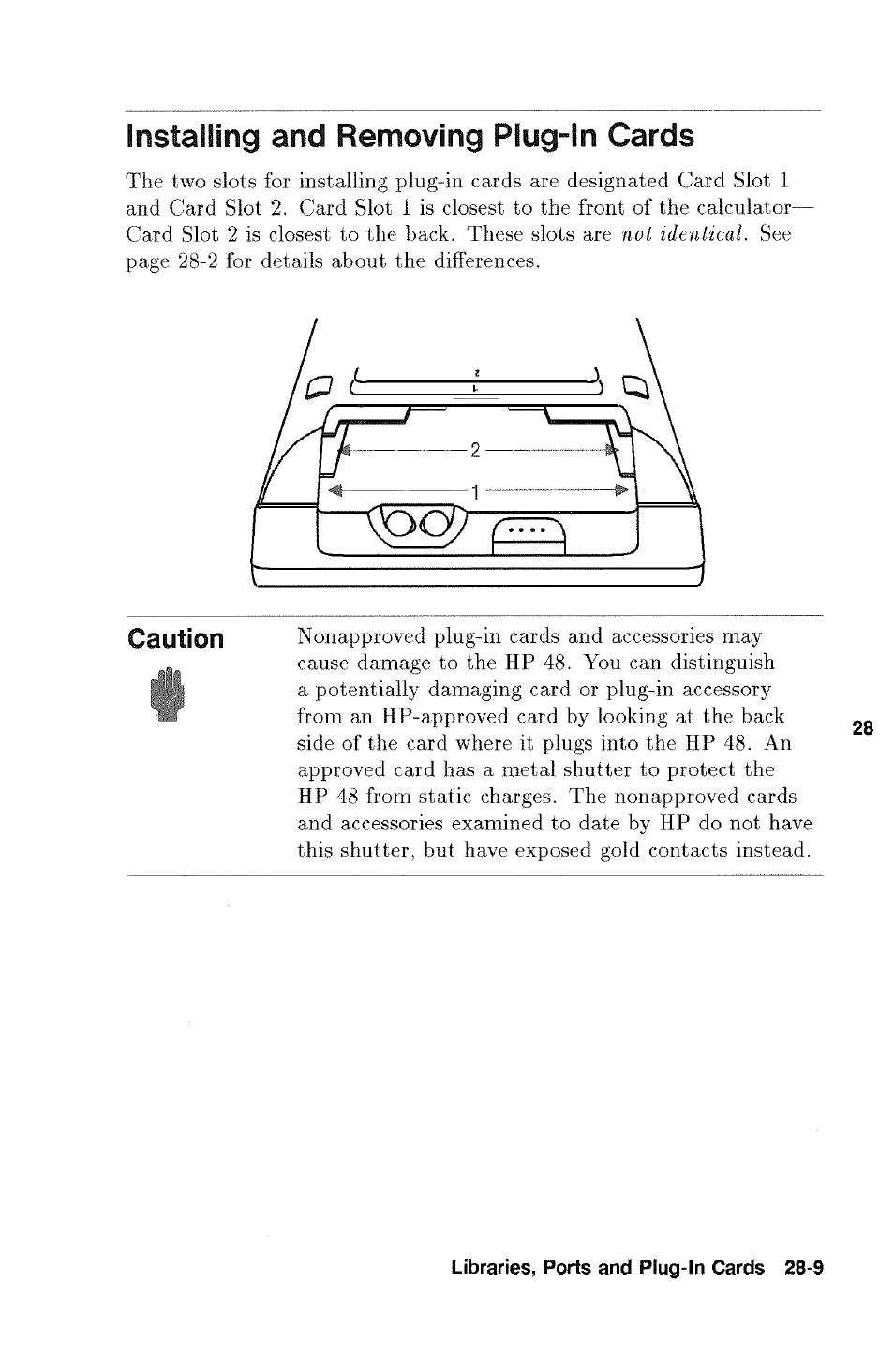 Installing and removing plug-in cards, Installing and removing plug-in cards -9 | HP 48g Graphing Calculator User Manual | Page 397 / 612