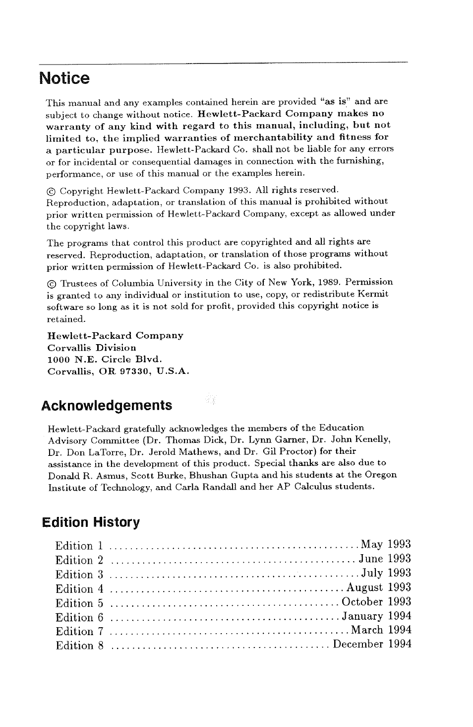 Notice, Acknowledgements, Edition history | HP 48g Graphing Calculator User Manual | Page 4 / 612