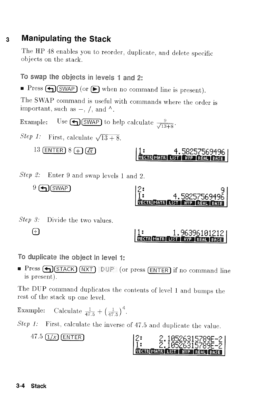 To swap the objects in levels 1 and 2, To duplicate the object in ievei 1, Objects in levels 1 and 2 | Manipulating the stack | HP 48g Graphing Calculator User Manual | Page 40 / 612