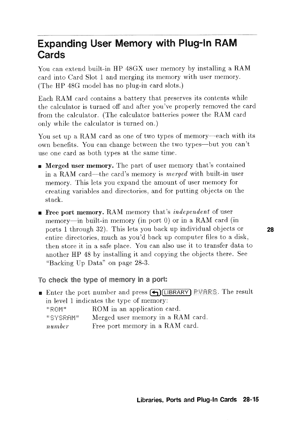 Expanding user memory with plug-in ram cards, In a port | HP 48g Graphing Calculator User Manual | Page 403 / 612
