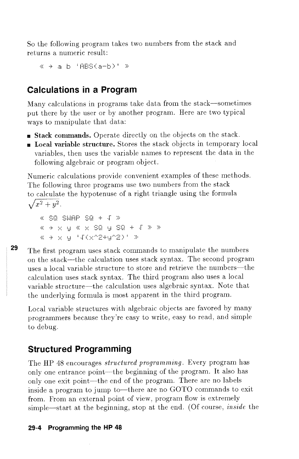 Calculations in a program, Structured programming | HP 48g Graphing Calculator User Manual | Page 410 / 612