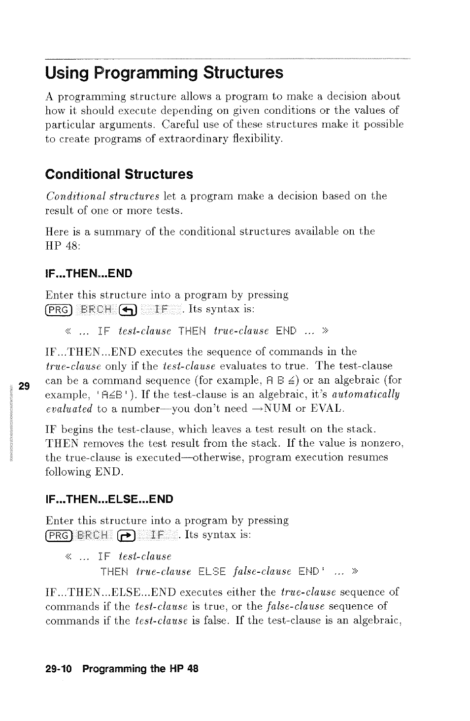Using programming structures, Using programming structures -10, Conditional structures | HP 48g Graphing Calculator User Manual | Page 416 / 612