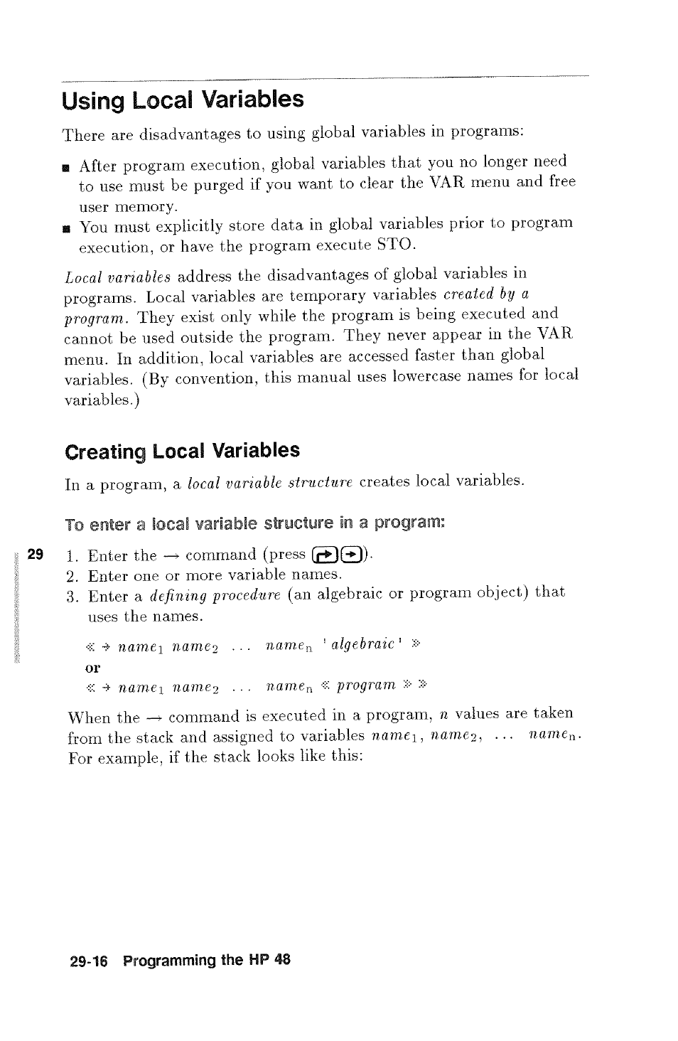 Using local variables, Using local variables -16, Creating local variables | HP 48g Graphing Calculator User Manual | Page 422 / 612