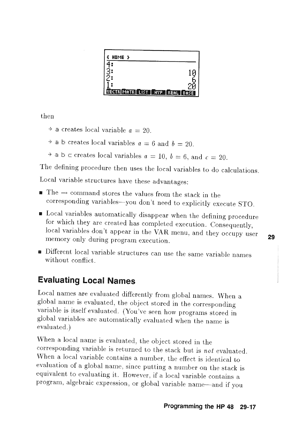 Evaluating local names | HP 48g Graphing Calculator User Manual | Page 423 / 612