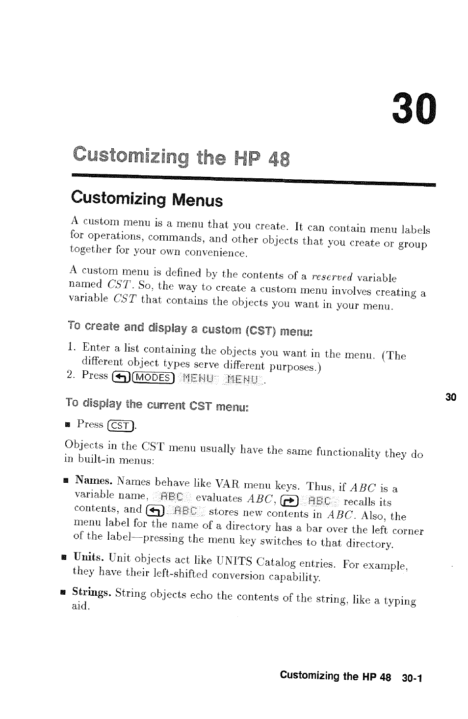 Customizing menus, To display the current cst menu, Customizing menus -1 | HP 48g Graphing Calculator User Manual | Page 429 / 612