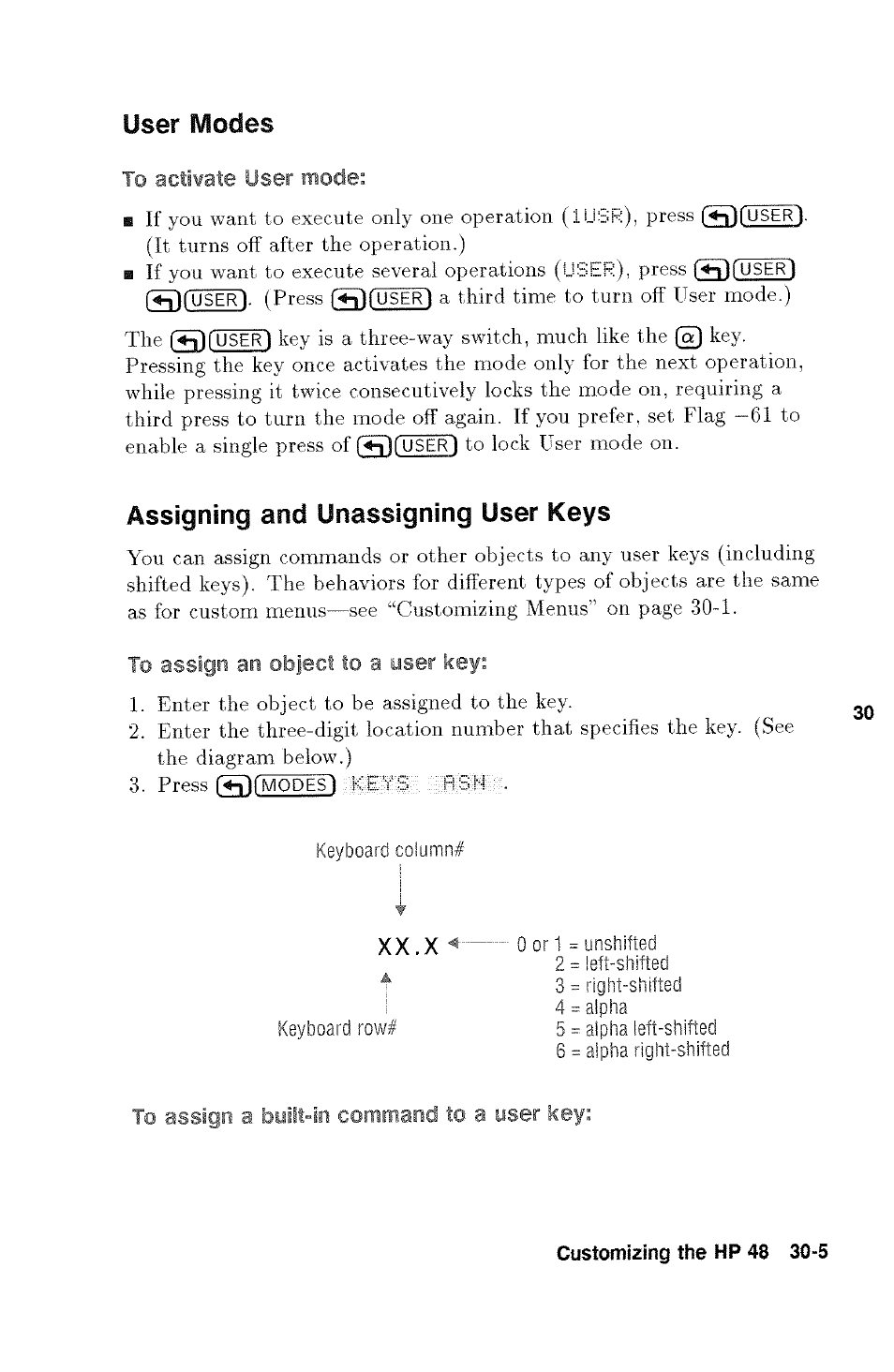 Xx.x, To assign a built-in command to a user key, Modes | User, Assigning and unassigning user keys | HP 48g Graphing Calculator User Manual | Page 433 / 612