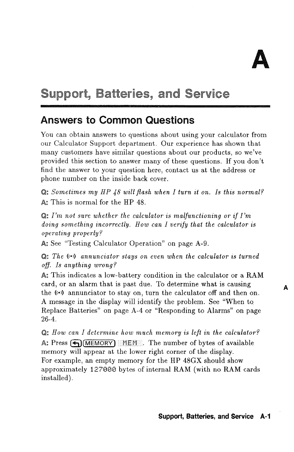 Support batteries, and service, Answers to common questions | HP 48g Graphing Calculator User Manual | Page 437 / 612