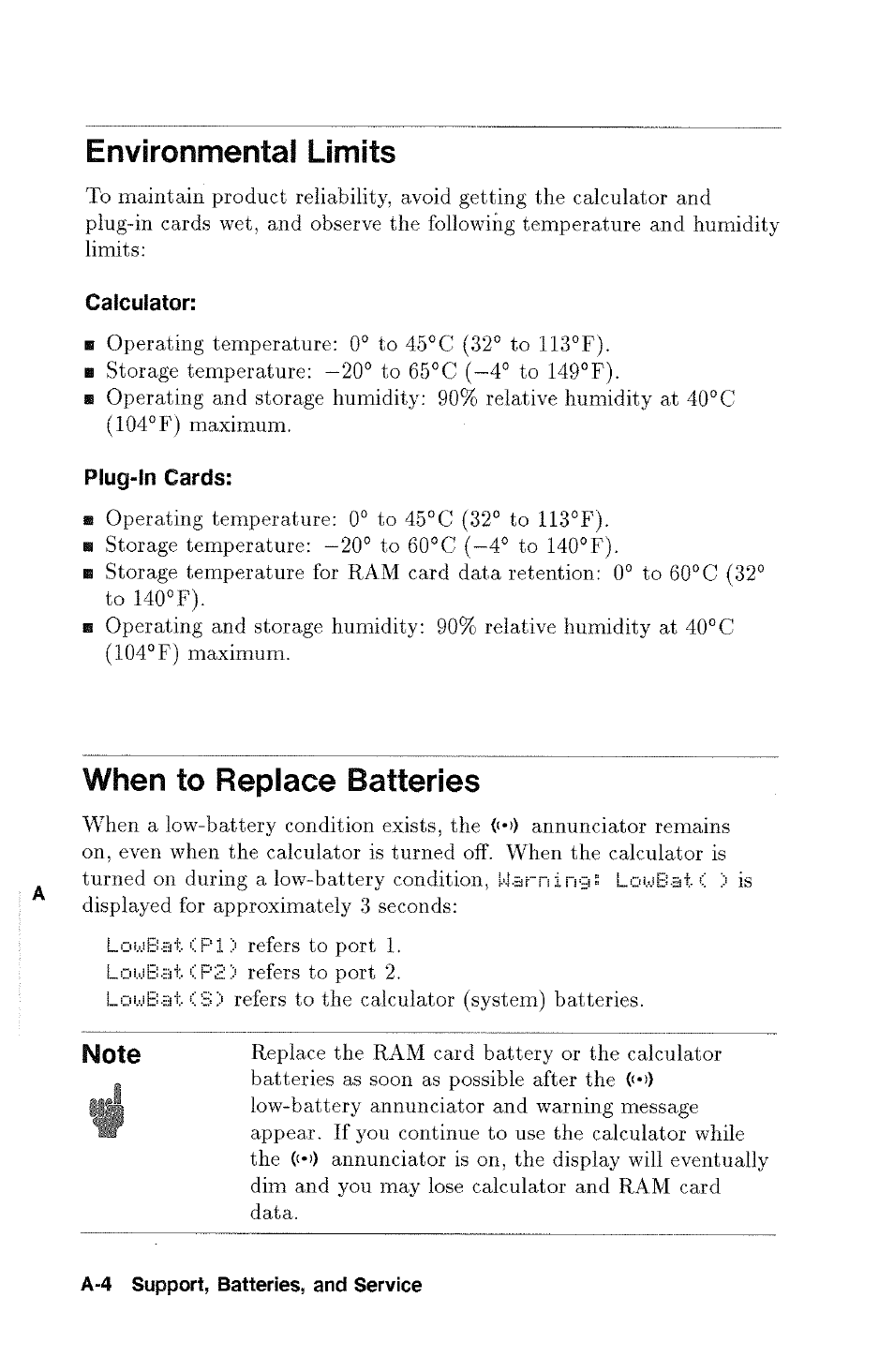 Environmental limits, Calculator, Plug-in cards | When to replace batteries | HP 48g Graphing Calculator User Manual | Page 440 / 612