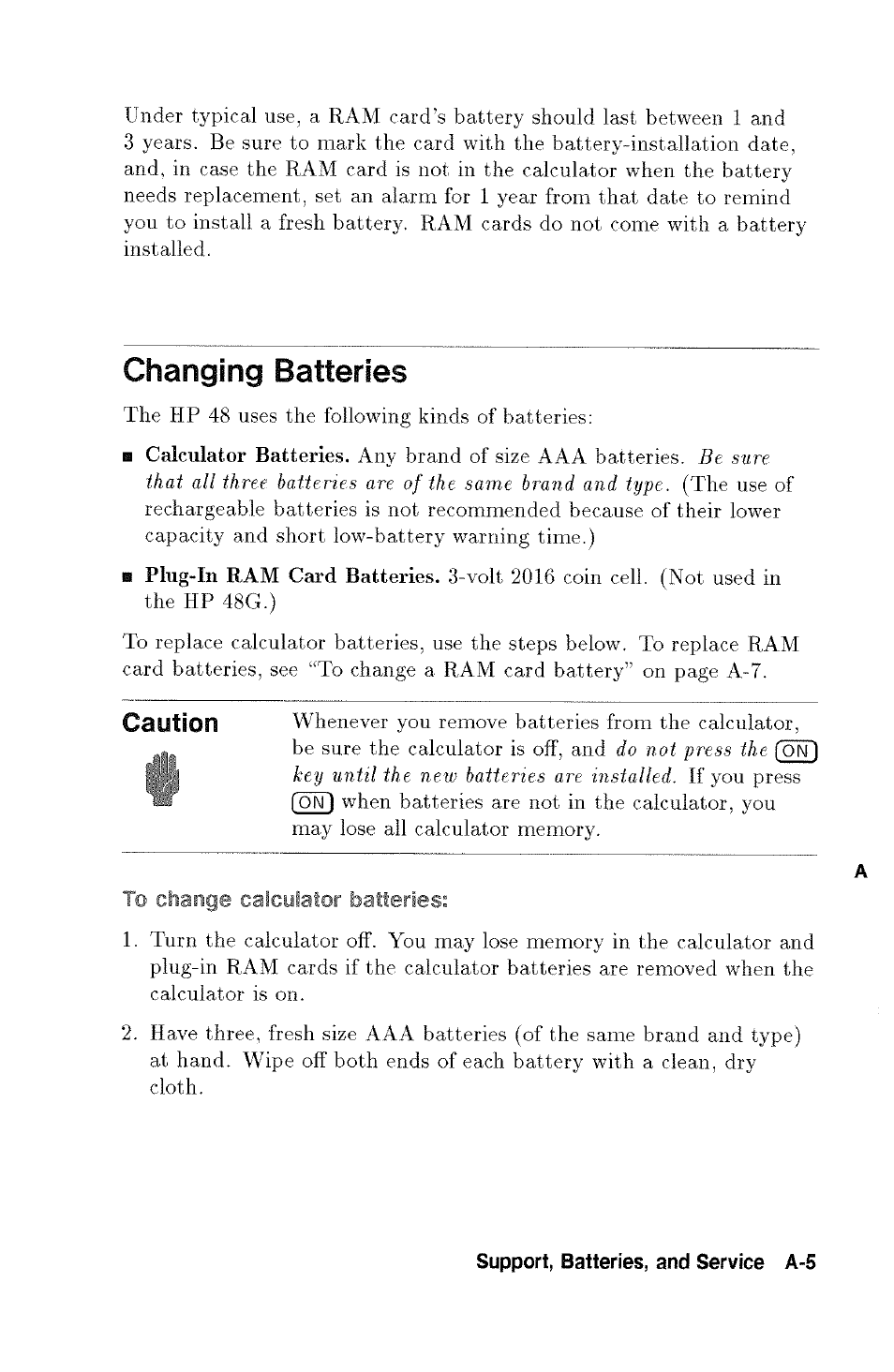 Changing batteries, To change calculator batteries, Csution | HP 48g Graphing Calculator User Manual | Page 441 / 612