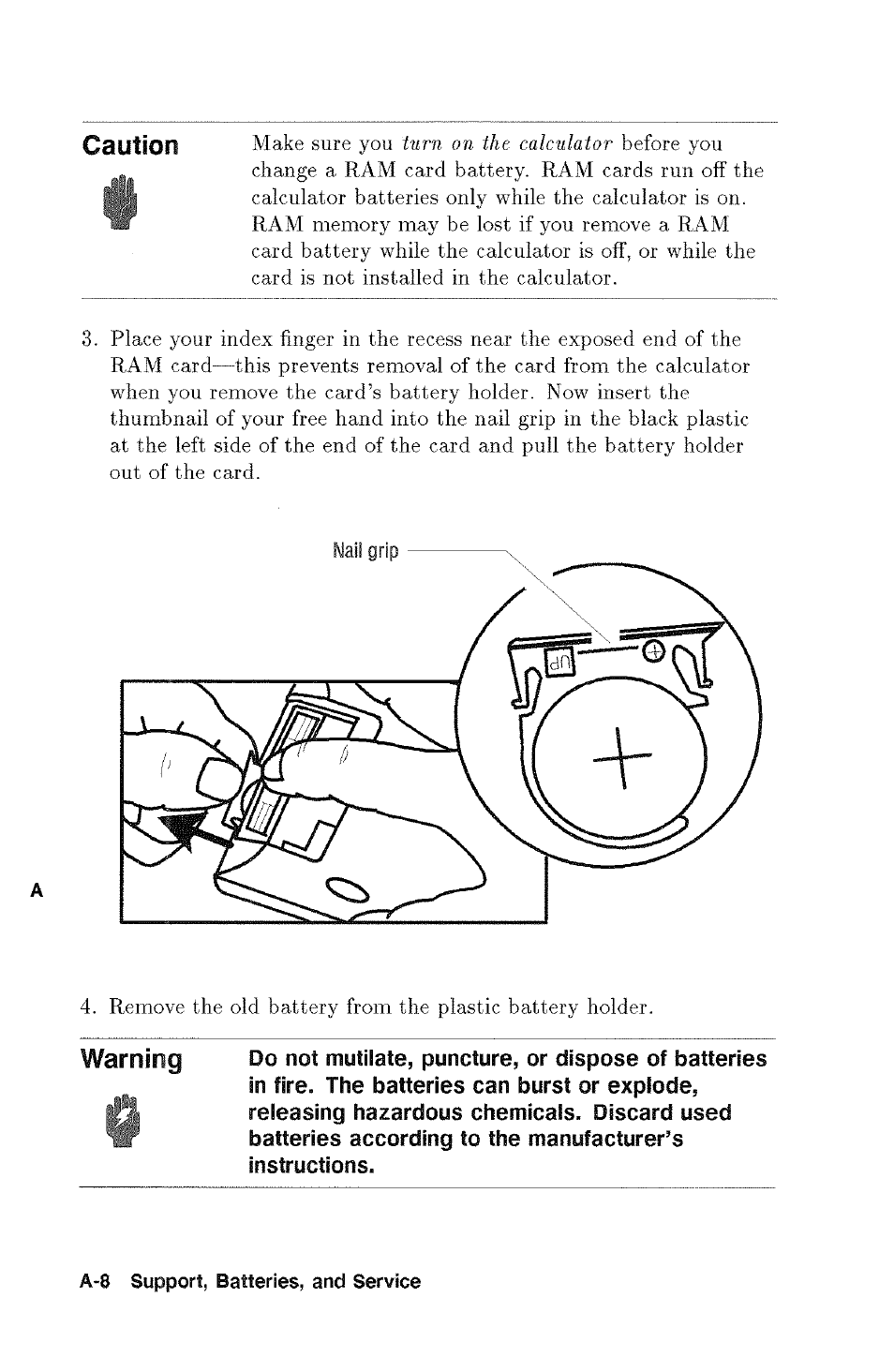 Nail grip, Warning | HP 48g Graphing Calculator User Manual | Page 444 / 612