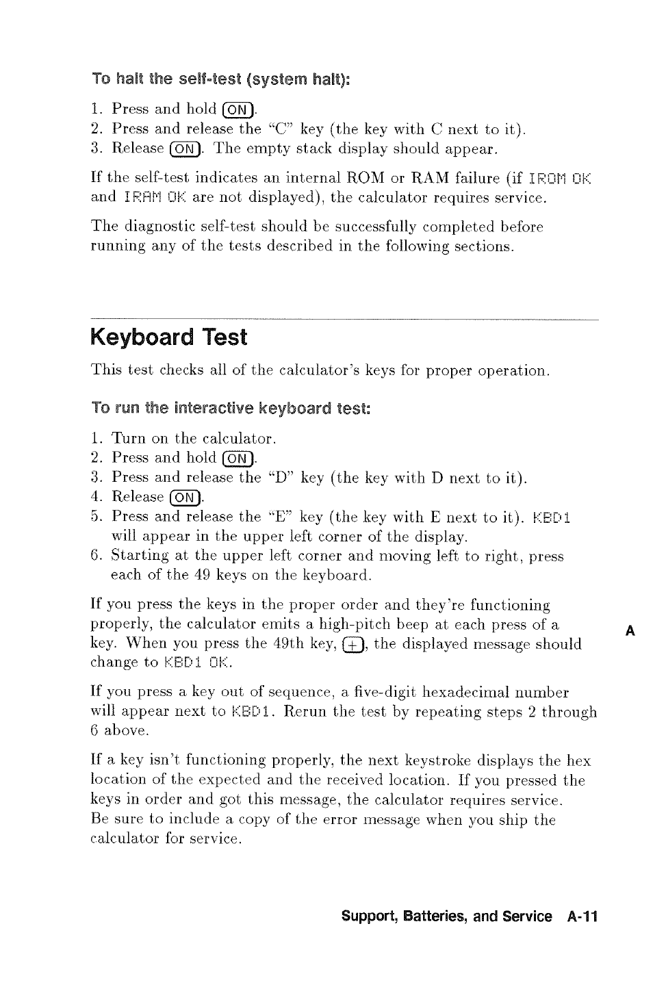 Keyboard test, To run the interactive keyboard test | HP 48g Graphing Calculator User Manual | Page 447 / 612