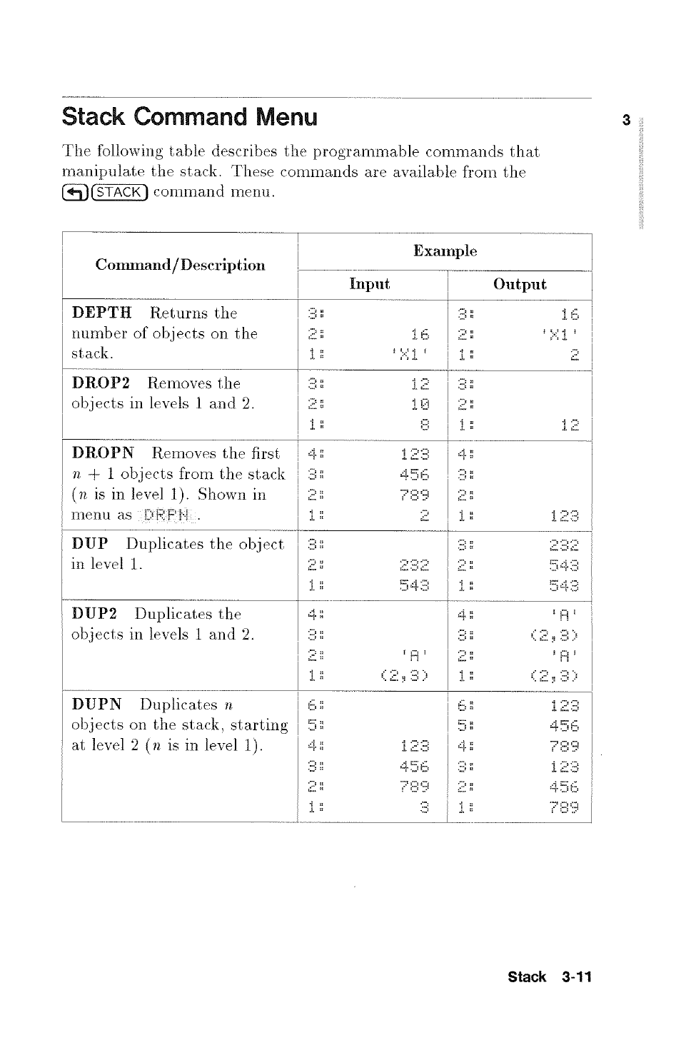 Stack command menu | HP 48g Graphing Calculator User Manual | Page 47 / 612