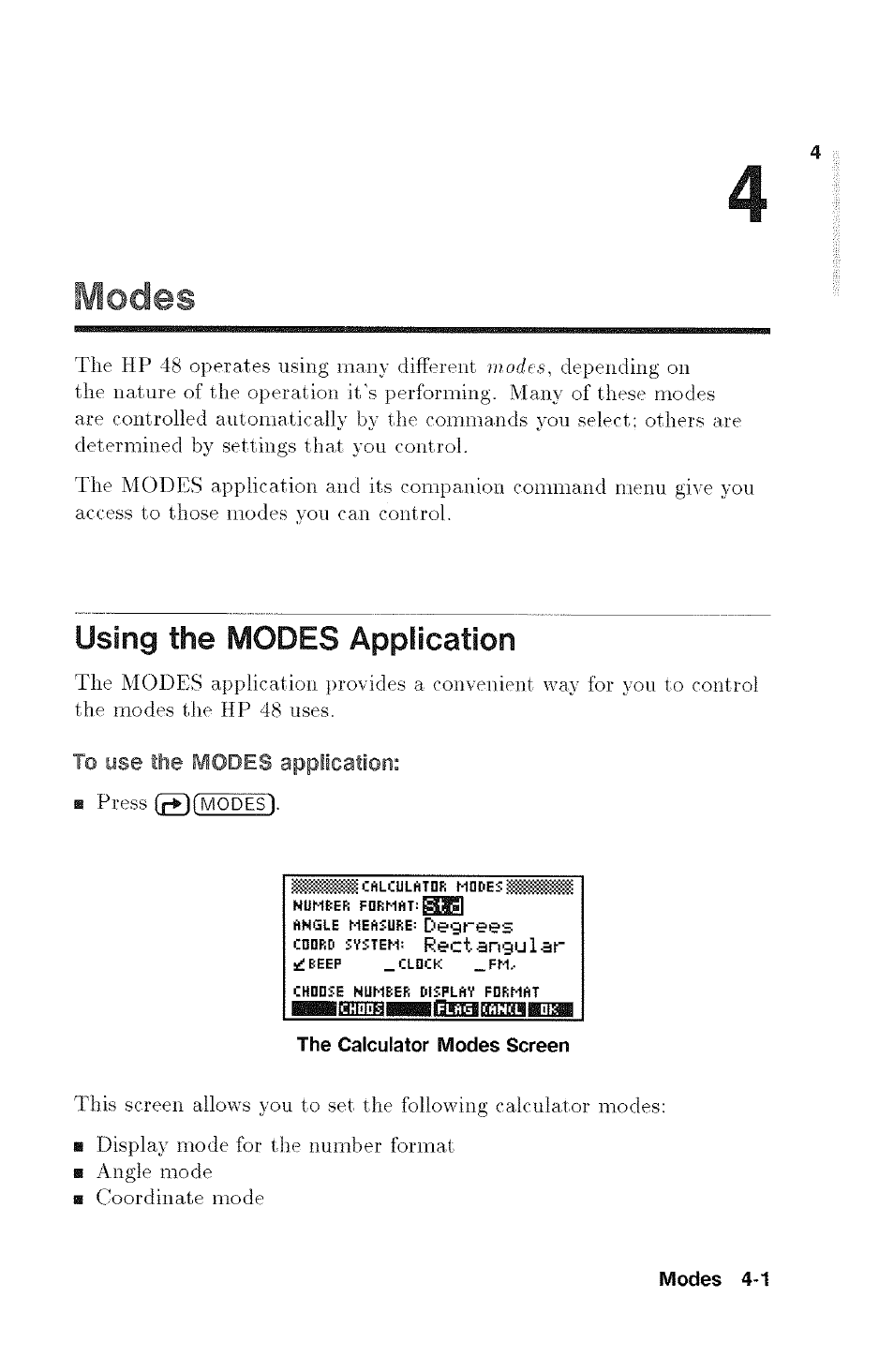 Modes, Using the modes application, Using the modes application -1 | HP 48g Graphing Calculator User Manual | Page 49 / 612