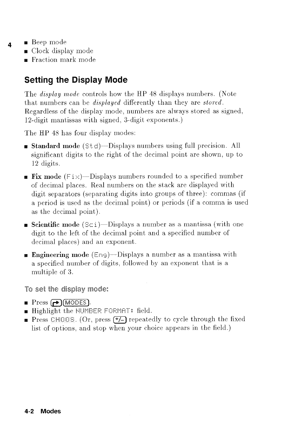 T»l(modes, Setting the display mode | HP 48g Graphing Calculator User Manual | Page 50 / 612