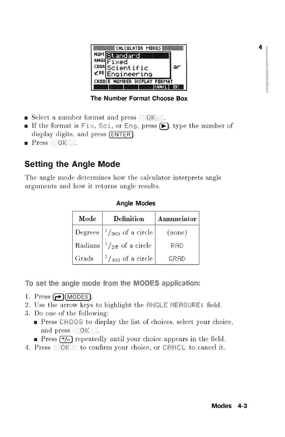 To set the angle mode from the modes application, Fixed, Scientific | Engineering, Setting the angle mode, Modes application | HP 48g Graphing Calculator User Manual | Page 51 / 612