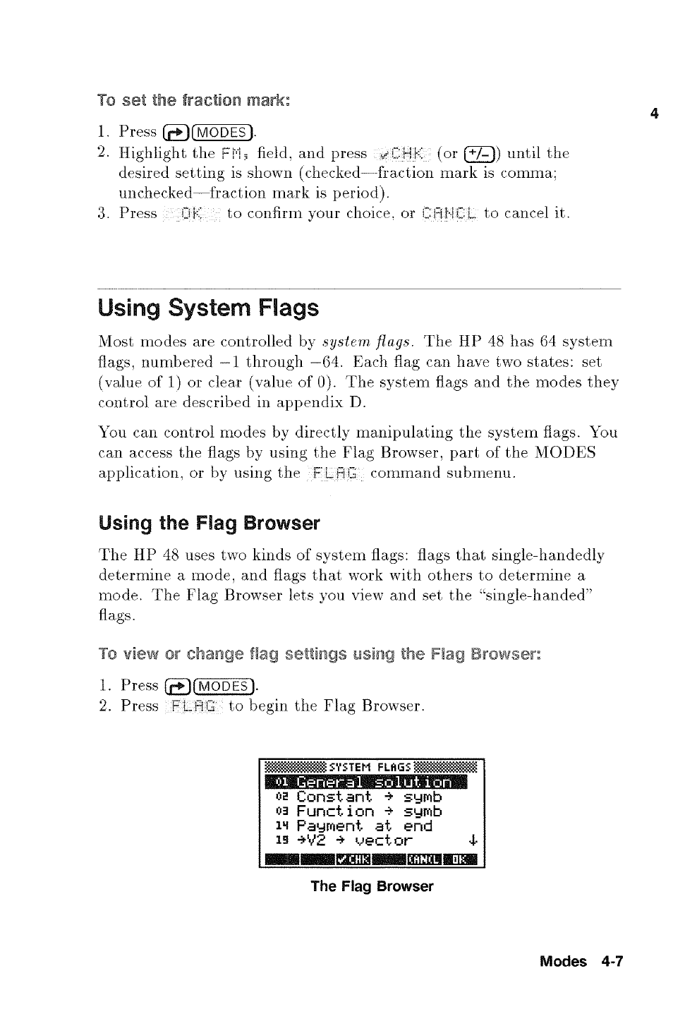 To set the fraction mark, Using system flags, Setting the fraction mark -6 | Using system flags -7, Settings using the, Browser | HP 48g Graphing Calculator User Manual | Page 55 / 612