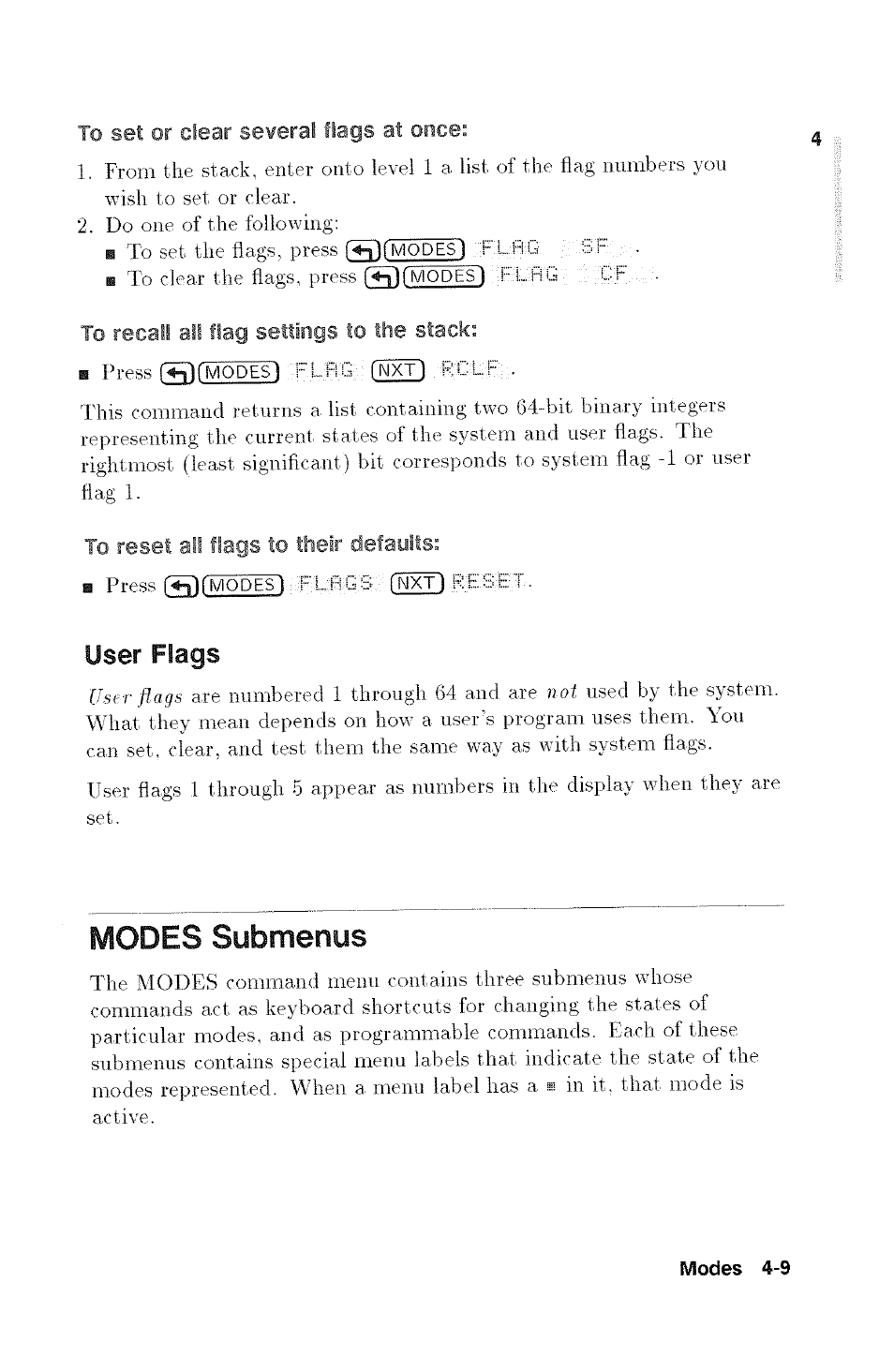 Modes submenus, Modes submenus -9, User flags | HP 48g Graphing Calculator User Manual | Page 57 / 612