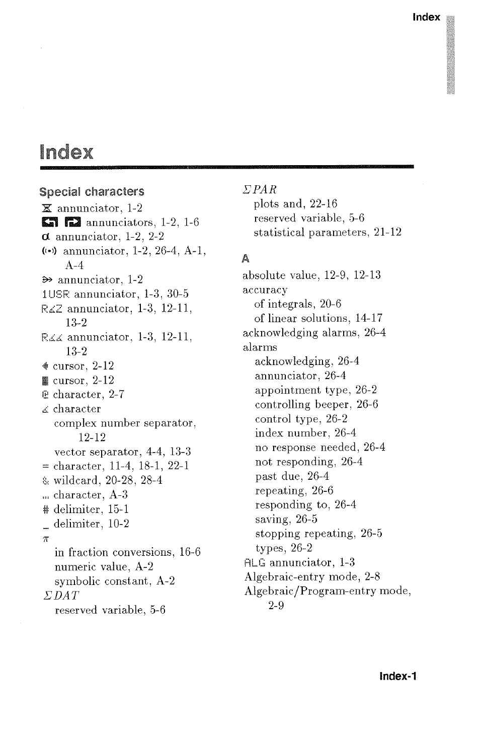 Inde, Special characters | HP 48g Graphing Calculator User Manual | Page 579 / 612