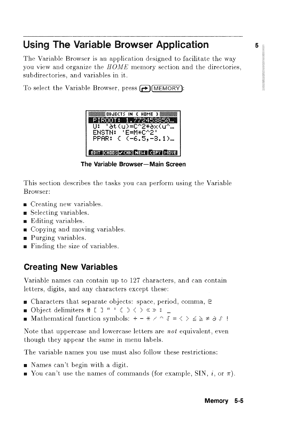 Using the variable browser application, Tising the variable browser application -5, Creating new variables | HP 48g Graphing Calculator User Manual | Page 63 / 612