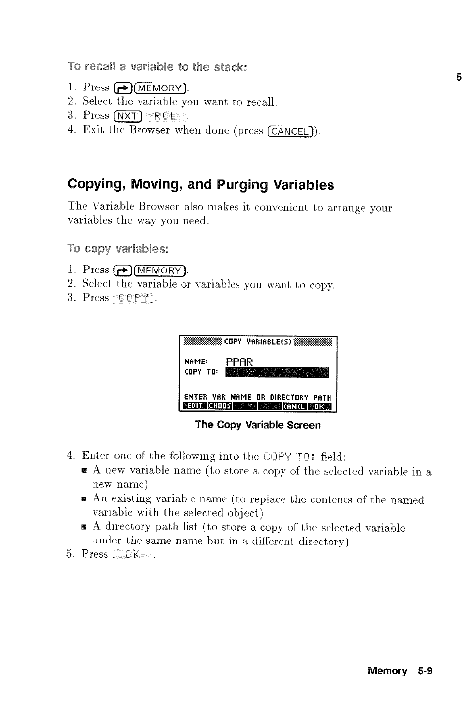 Cancel)), Copying, moving, and purging variables | HP 48g Graphing Calculator User Manual | Page 67 / 612
