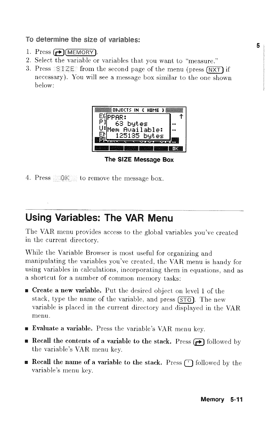 Using variables; the var menu, Using variables: the var menu -11, Fsto) | HP 48g Graphing Calculator User Manual | Page 69 / 612