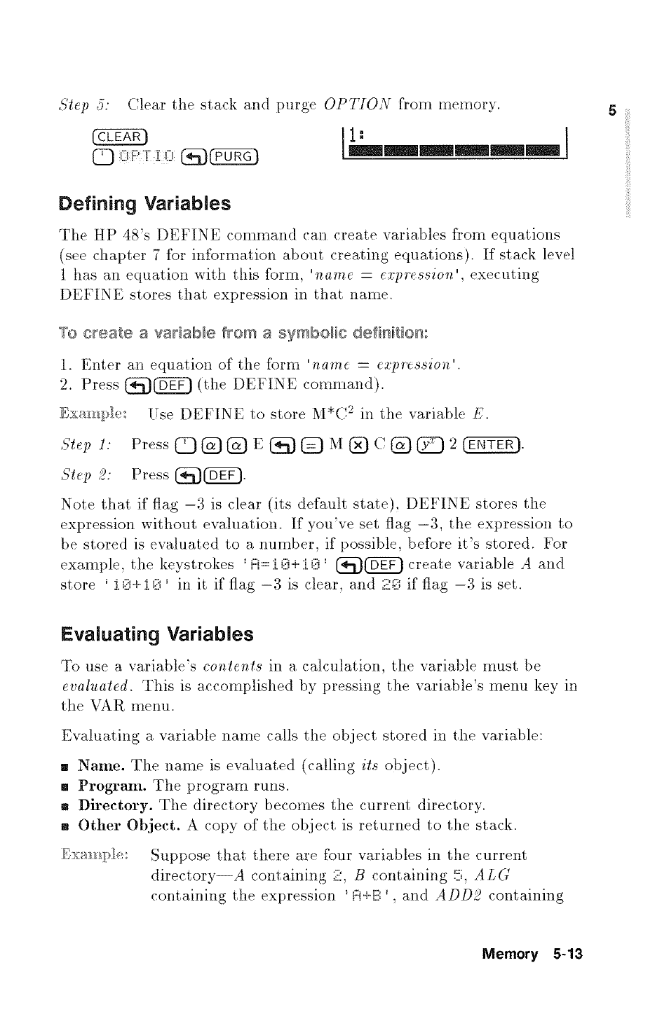 Defining variables, Evaluating variables | HP 48g Graphing Calculator User Manual | Page 71 / 612